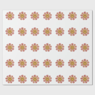 Retro Groovy Smiley Face Flower Pastel 70s Floral Wrapping Paper