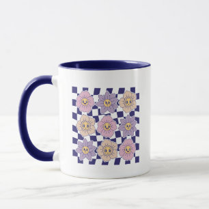 Retro Groovy Smiley Flower Checkerboard Aesthetic  Mug