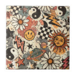 Retro Groovy Smiley Sun Daisy Psychedelic Pattern Tile<br><div class="desc">Retro groovy doodle pattern featuring smiley faces, suns, daisies, lightning bolts, checkerboard shapes, stars, and space elements. This psychedelic vintage aesthetic design is inspired by 70s hippie and Y2K styles, with playful hand-drawn illustrations and a colorful nostalgic vibe. Perfect for stickers, apparel, prints, and creative projects that need a fun...</div>