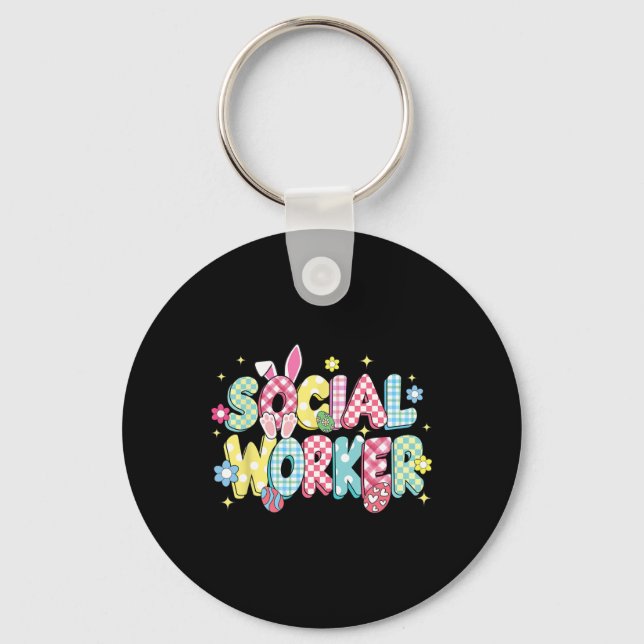 Retro Groovy Social Worker Bunny Ear Funny Easter  Keychain (Front)