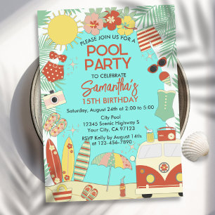 Retro Groovy Stylish Beach or Pool Birthday Party Invitation