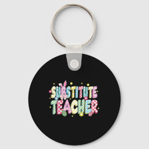 Retro Groovy Substitute Teacher Bunny Ear Easter Keychain