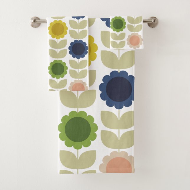 Retro Groovy Summer Flowers Stems Bath Towel Set (Insitu)