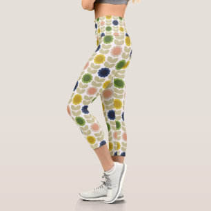 Retro Groovy Summer Flowers Stems Capri Leggings