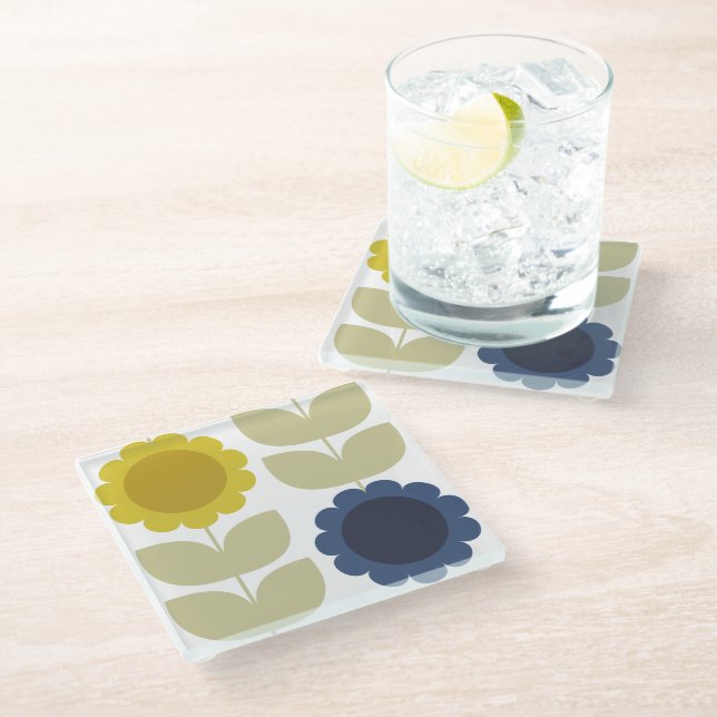 Retro Groovy Summer Flowers Stems Glass Coaster (Angled)
