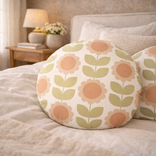 Retro Groovy Summer Flowers Stems Round Pillow