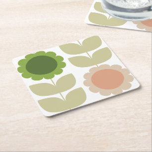 Retro Groovy Summer Flowers Stems Square Paper Coaster