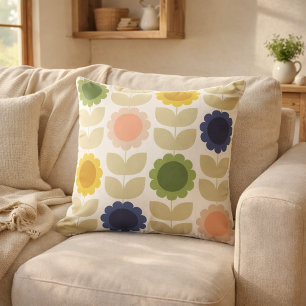 Retro Groovy Summer Flowers Stems Throw Pillow