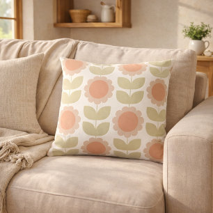 Retro Groovy Summer Flowers Stems Throw Pillow