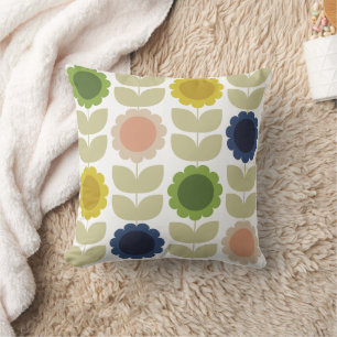 Retro Groovy Summer Flowers Stems Throw Pillow