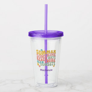 Retro Groovy Summer Pink Monogram Name Acrylic Tumbler