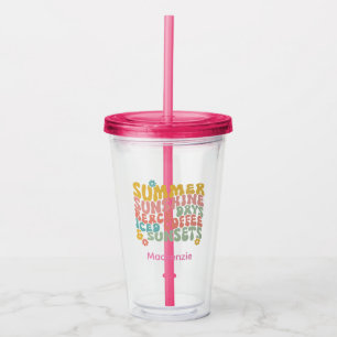 Retro Groovy Summer Pink Monogram Name Acrylic Tumbler