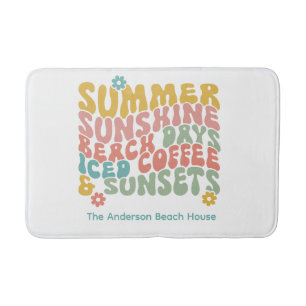 Retro Groovy Summer Pink Monogram Name  Bath Mat
