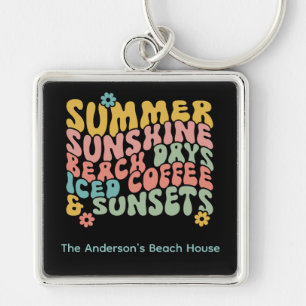 Retro Groovy Summer Pink Monogram Name Keychain