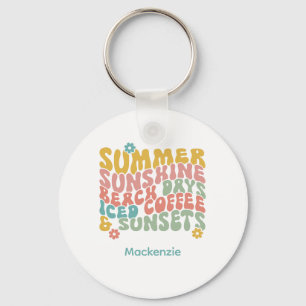 Retro Groovy Summer Pink Monogram Name  Keychain