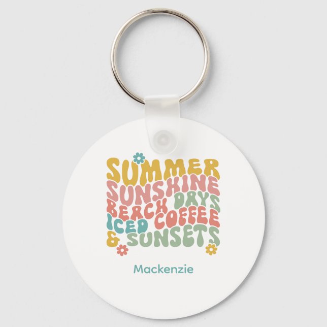 Retro Groovy Summer Pink Monogram Name  Keychain (Front)
