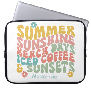 Retro Groovy Summer Pink Monogram Name  Laptop Sleeve