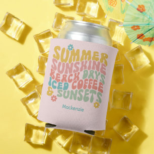 Retro Groovy Summer Pink Monogram Name Luggage Tag Can Cooler