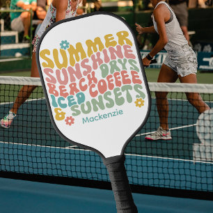 Retro Groovy Summer Pink Monogram Name  Pickleball Paddle