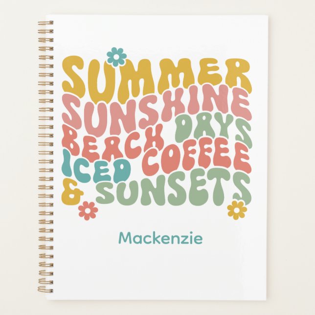 Retro Groovy Summer Pink Monogram Name  Planner (Front)