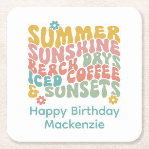 Retro Groovy Summer Pink Monogram Name  Square Paper Coaster