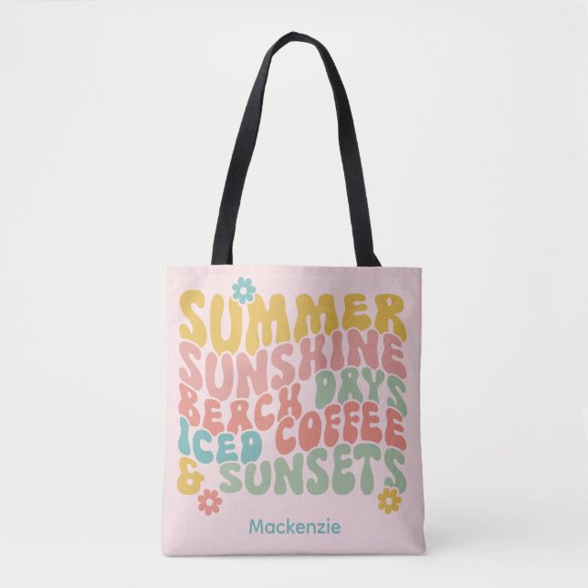 Retro Groovy Summer Pink Monogram Name  Tote Bag (Front)