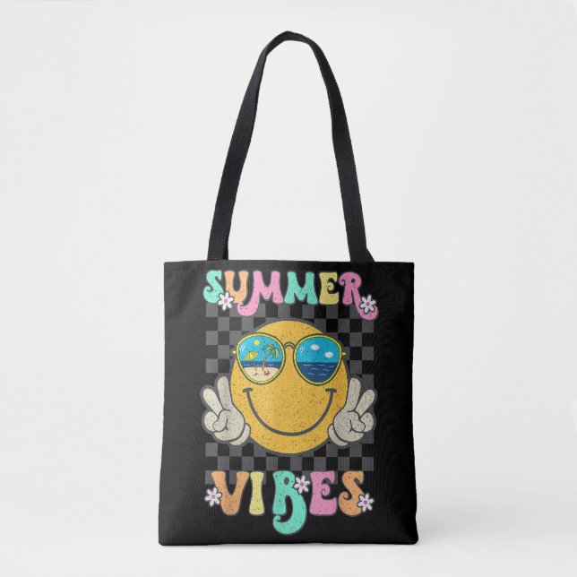Retro Groovy Summer Vibes Smile Face Hello Summer  Tote Bag (Front)
