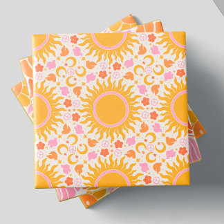Retro Groovy Sun Peace Pattern Yellow Orange Pink Tile