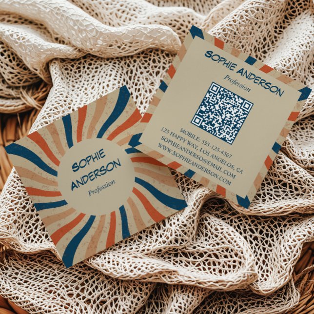 Retro Groovy Sunburst Square QR Code Square Business Card (Creator Uploaded)