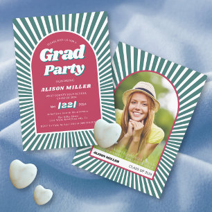 Retro groovy sunrays 70s teal, magenta Graduation Invitation