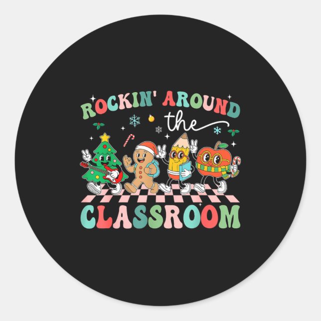 Retro Groovy Teacher Christmas Rockin' Around The  Classic Round Sticker (Front)