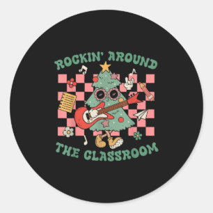 Retro Groovy Teacher Christmas Rockin' Around The Classic Round Sticker