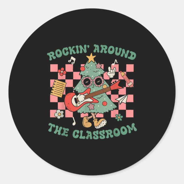 Retro Groovy Teacher Christmas Rockin' Around The  Classic Round Sticker (Front)