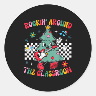 Retro Groovy Teacher Christmas Rockin' Around The Classic Round Sticker