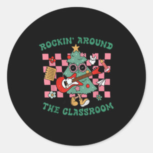 Retro Groovy Teacher Christmas Rockin' Around The  Classic Round Sticker