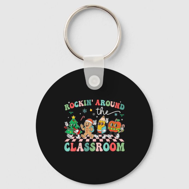 Retro Groovy Teacher Christmas Rockin' Around The  Keychain (Front)