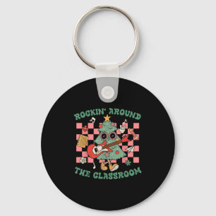 Retro Groovy Teacher Christmas Rockin' Around The  Keychain