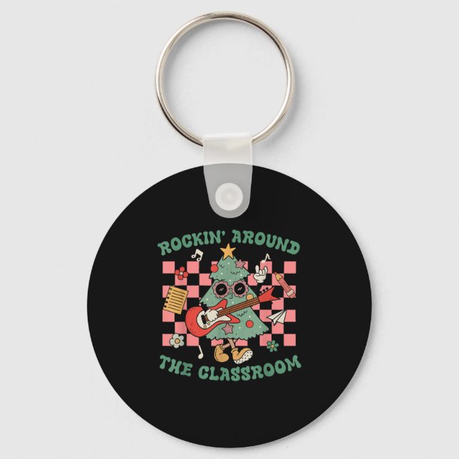 Retro Groovy Teacher Christmas Rockin' Around The  Keychain (Front)