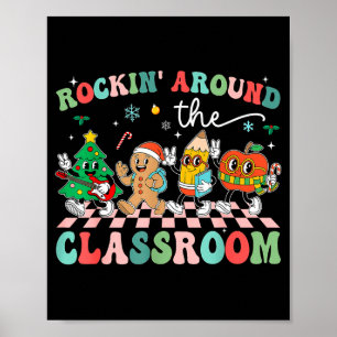 Retro Groovy Teacher Christmas Rockin' Around The  Poster