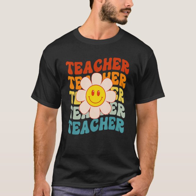 Retro Groovy Teacher Happy Face Cute Daisy Flower  T-Shirt (Front)