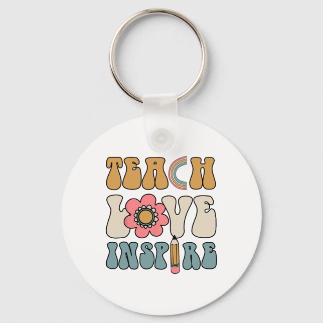 Retro Groovy Teacher Inspirational Happy Ck To Sch Keychain (Front)