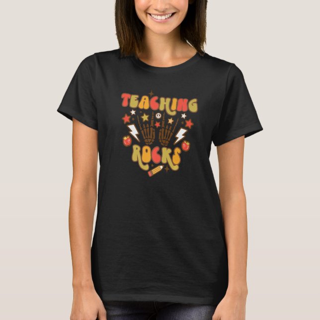 Retro Groovy Teaching Rocks Skeleton Hands Back To T-Shirt (Front)