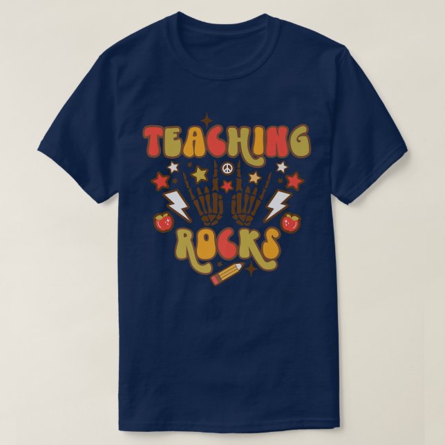 Retro Groovy Teaching Rocks Skeleton Hands Back To T-Shirt (Design Front)