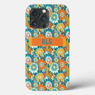 Retro Groovy Teal Orange & Yellow Floral Monogram iPhone 13 Pro Case