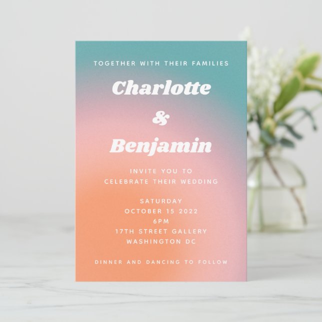 Retro Groovy Teal Pink Orange Abstract Wedding Invitation (Standing Front)