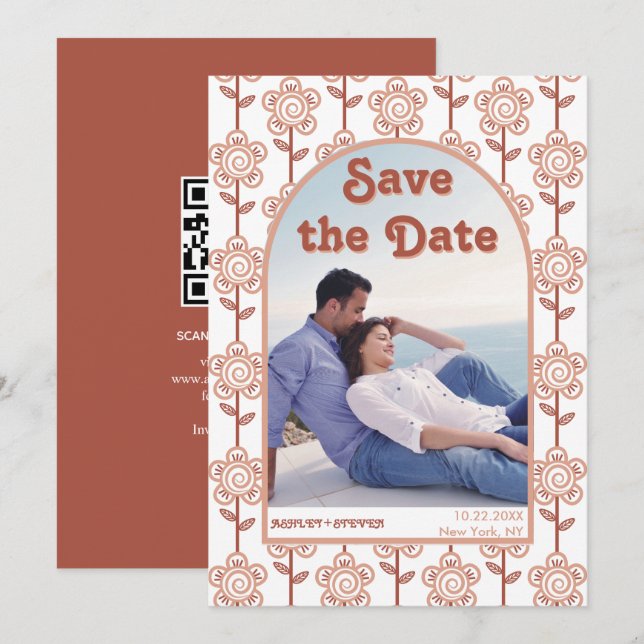 Retro groovy terracotta 70s inspired wedding save the date (Front/Back)