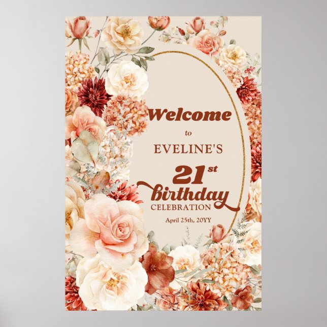 Retro Groovy terracotta boho 21st birthday Welcome Poster (Front)