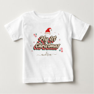 Retro Groovy Typography 1st Christmas Girl's Name  Baby T-Shirt