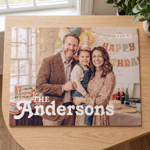 Retro Groovy Typography Custom Family Photo Jigsaw Puzzle