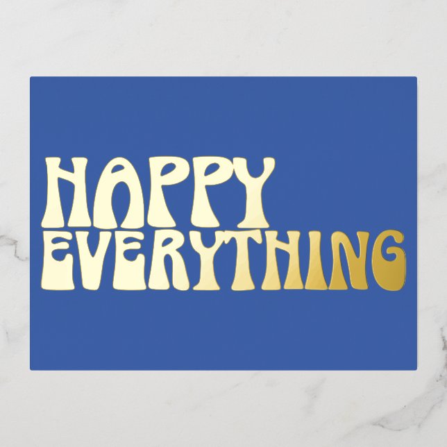 Retro Groovy Typography Happy Everything Blue Gold Foil Holiday Postcard (Front)